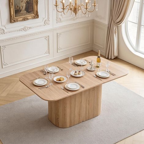 Table à manger 160x90x75,5 cm en MDF décor bois clair, polyvalente pour petits espaces – MEUBLIV (1/5)