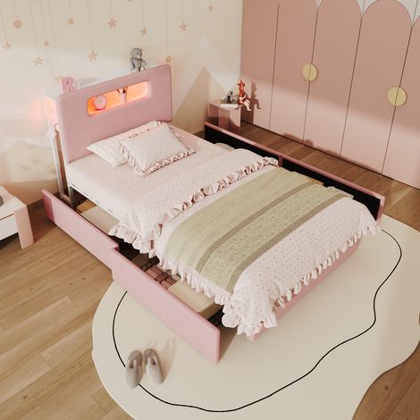 Lit enfant rembourré 90x200 cm, 4 tiroirs, Tête de lit avec rangement ouvert, Éclairage LED pilotable par application, Velours rose (1/5)