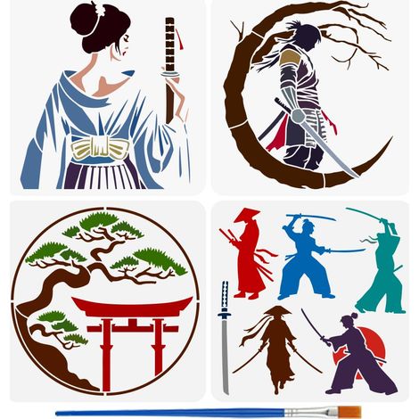 4 Pochoir de Peinture de Samouraï Oriental Avec Pinceau 30x30cm Modèle de Dessin de Samouraï Féminin Porte Torii Arhats Motif de Pin Pochoir DIY pour Peinture sur Meubles Muraux en Bois (1/5)