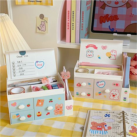 Großzügige, dekorative und schlichte Aufbewahrungsbox im Schubladenstil mit Staubschutzhülle, rosa Farbe und Aufklebern. Aufbewahrungsbox für Hautpflegeprodukte. (1/4)