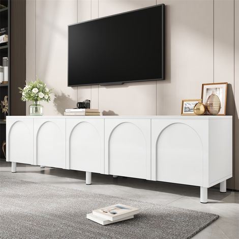 Meuble TV Lowboard - 180x38x45cm - 5 Portes Grand Espace de Rangement Pieds en Métal Style Moderne pour Salon en PB et MDF - Blanc (1/5)