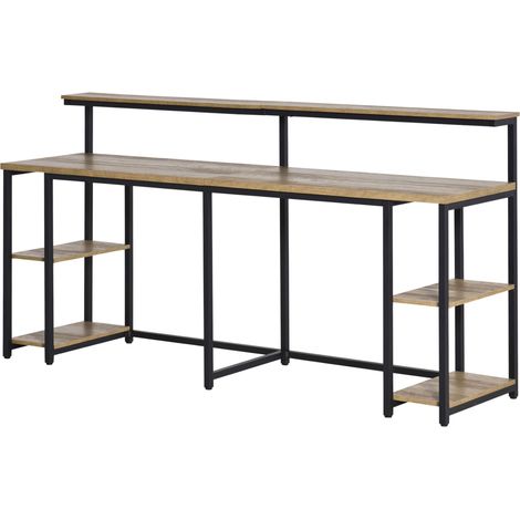 Bureau double industriel avec étagères et tablette pour moniteur, bureau bibliothèque gain de place pour bureau et étude en métal et MDF, 200x53x100cm, noir et marron (1/5)
