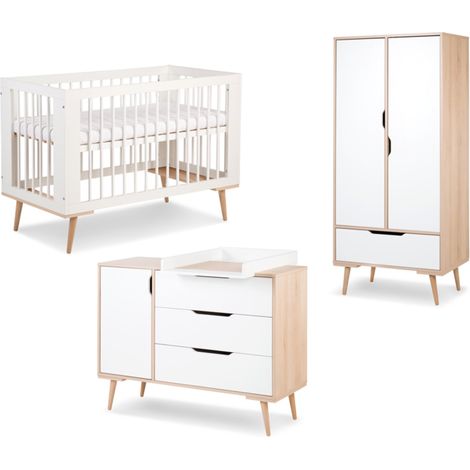 Chambre complète bébé 60x120cm – Commode à langer 3 tiroirs – Armoire 2 portes – Panneaux MDF et bois de hêtre blanc