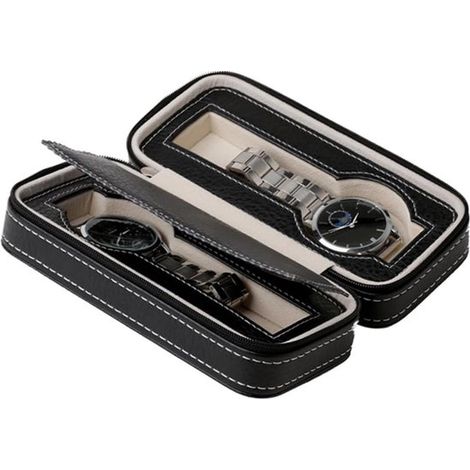 Scatola porta orologi con scomparto nascosto, scatola doppia portatile per riporre orologi, con cerniera, nera. (1/5)