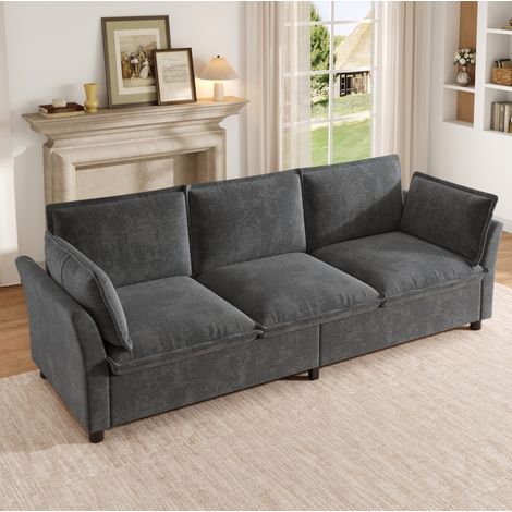 Canapé 3 places 220x81x87 cm gris – chenille, cadre en métal, 2 coussins accoudoir, MEUBLIV (1/5)