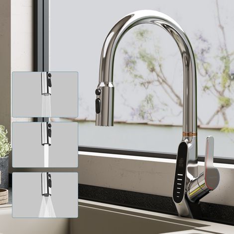 doporro Wasserhahn Küche Hochdruck mit Digitalanzeige, Ausziehbare Vollkupfer Spültischarmatur, Einhebel-Mischbatterie Küche, 360° Schwenkbar, Robust & Korrosionsbeständig Silber MS-8085