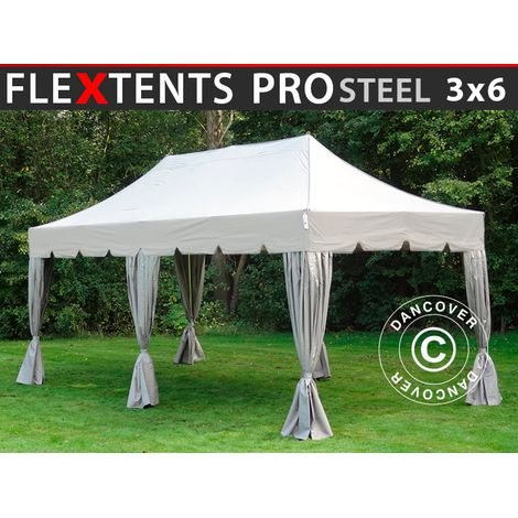 Pop up gazebo FleXtents PRO Steel "Peaked" 3x6 m Latte, incl. 6 decorative curtains