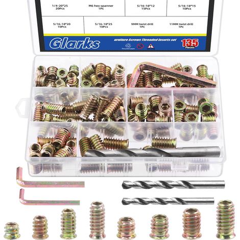 Assortiment de 134 écrous filetés pour meubles, 1/4"-20 5/16"-18, 10/12/15/20/25 mm, inserts en bois, connecteur de boulon, douille hexagonale avec perceuse hélicoïdale et jeu de clés (1/5)