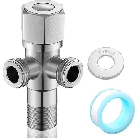 1 robinet d'équerre 1/2", en acier inoxydable 304 avec 2 sorties - Raccord d'eau - Valve d'angle - Double valve en acier inoxydable pour filetage mural 1/2" - Double valve d'angle - Valve de (1/5)