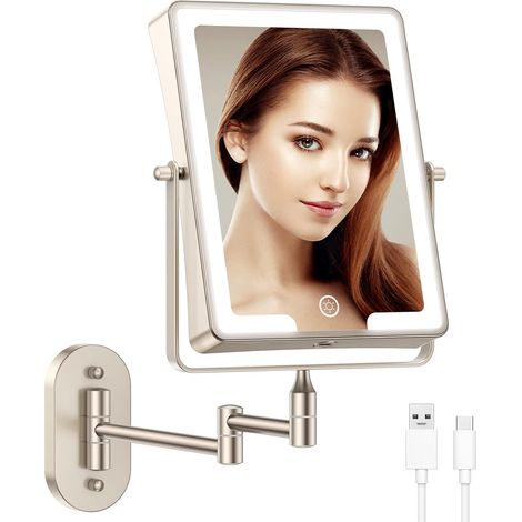 Rechargeable Maquillage Miroir avec LED Grossissant x10 pour Coiffeuse, Salle de Bain et Rasage, Mural Miroir avec eclairage, 360°Pivotant 3 Couleurs Luminosité,Nickel (1/5)