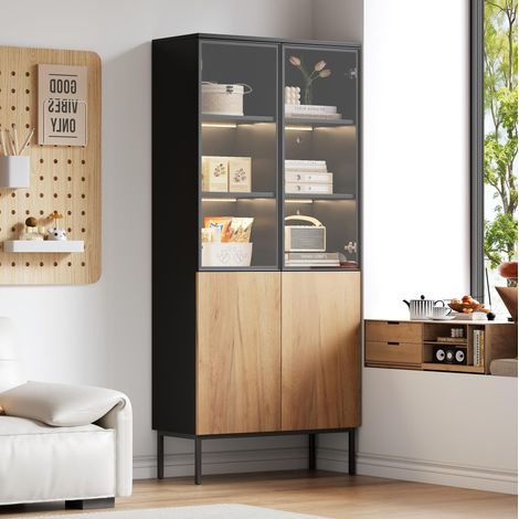 Vitrine avec 4 portes vitrées, éclairage LED contrôlable par smartphone, 4 étagères réglables, 74×31×180 cm, noir et chêne (1/5)