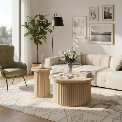 URBAN MEUBLE Ensemble de 2 tables basses gigognes rondes effet grain de bois clair (1/5)