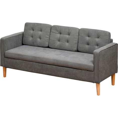 Modern 3 Seater Sofa Hidden Storage, 169cm Tufted Cotton Couch Wood Legs, Compact Sofa for Living Room, Grey (1/5)
