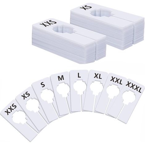 Juego de 40 discos de medición rectangulares de plástico blanco para percheros – 8 tamaños preimpresos (XXS-XXXL), diámetro interior de 3,5 cm. (1/5)