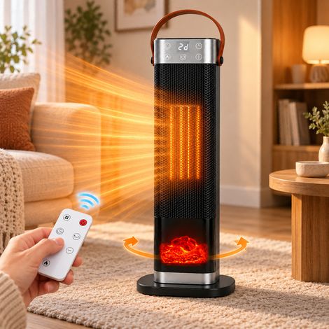 HEMVOR Chauffage soufflant céramique PTC 2000 W oscillant avec télécommande, thermostat 15-40 °C, minuterie 1-12 h, effet flamme 3D Noir (1/5)