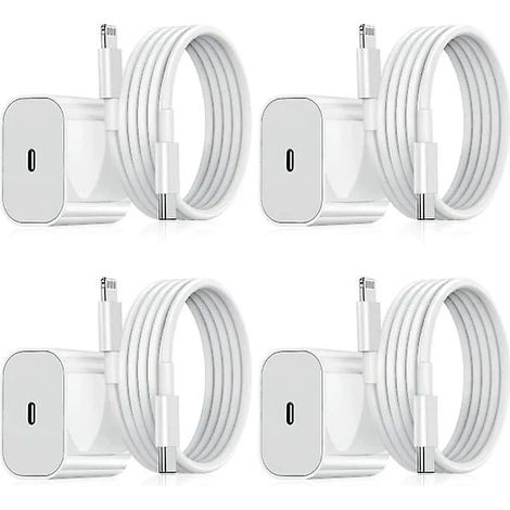 Lot de 4 chargeurs pour iPhone - Chargeur rapide - Adaptateur + câble de 2 m - 20 W USB-C - Blanc - Compatible iPhone (NT) - Lot de 4 chargeurs USB-C (1/5)