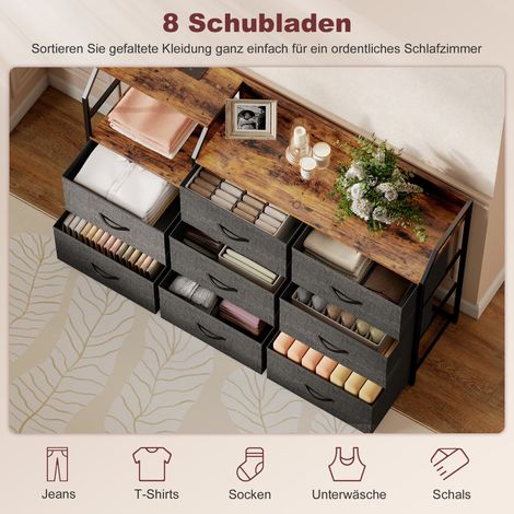 Commode 8 tiroirs en tissu, cadre en acier, station de charge, marron rustique et noir (1/5)