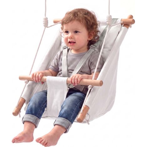 VEVOR Altalena per Neonati Portata 30 kg 3 Modalita di Utilizzo Tela Bianca, per Interni Esterni, Imbracatura a 5 Punti e Cinghie per Alberi, in Legno con Cuscino Integrato, Adatta a Bambini Piccoli (1/5)