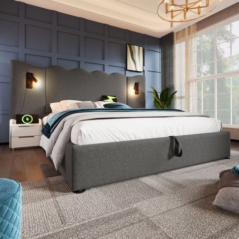 DESVIAE Lit double coffre 160 x 200 cm en tissu gris avec tête de lit ondulée lampe de lecture orientable USB et Type C sommier à lattes structure métal et bois massif (1/5)