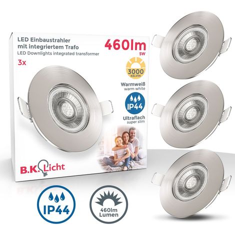 Einbaustrahler 68mm 3er Set - 230V, 4,9W, 480lm, LED, IP44, warmweiß, matt-nickel
