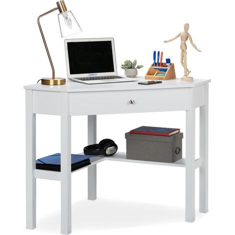 Relaxdays Scrivania ad Angolo, Ripiano e Cassetto, Salvaspazio, Ufficio, Studio, Stile Rustico, HLP 76x107x72 cm, Bianca