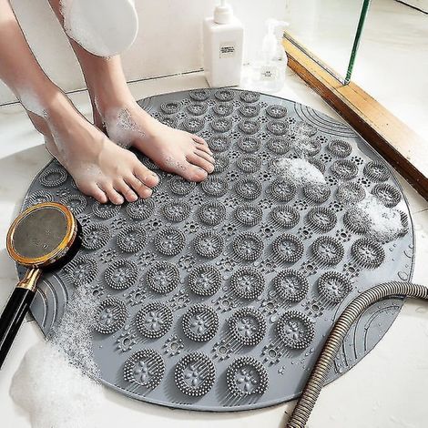 Tapis de douche antidérapant et absorbant, tapis de bain rond antidérapant avec ventouse pour la bonde, tapis de sol gris (1/2)