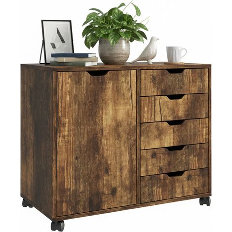 Relaxdays mobile storage cabinet, 5 drawers & 2 compartments, HWD: 65x78x40 cm, office cabinet with wheels, brown