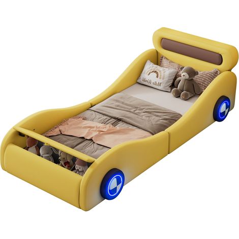 Lit enfant 90x200 voiture jaune, LED, rangement, sans matelas (1/5)