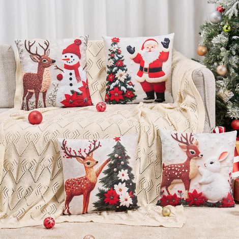 Lot de 4 housses de coussin rouges de Noël 45x45 cm, motifs bonhomme de neige, sapins et Père Noël, housses de coussin douces et moelleuses, idéales pour décorer votre canapé pendant les fêtes. (1/4)