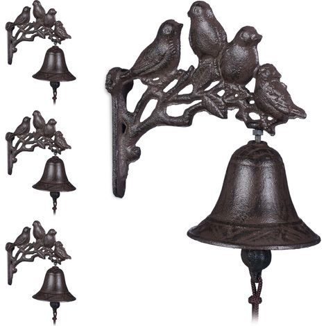 4 Campanas Hierro Fundido Pájaros, Estilo rústico, Sonido Claro, Decoración Jardín, Resistentes a la Intemperie, Marrón