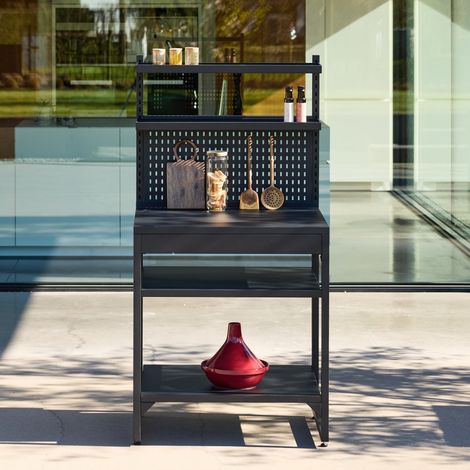 Cuisine extérieure acier 2 étagères 2 plateaux et support mural L80cm noir - Kea