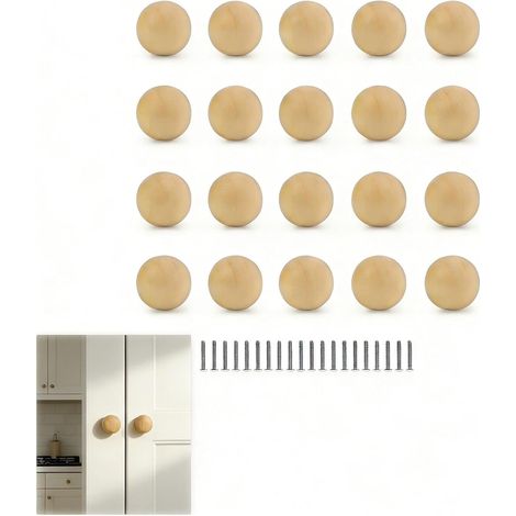 20 Pièces Boutons de Meuble en Bois, Poignée à Boule Avec Vis, Surface Lisse pour Armoire et Tiroirs (1/5)