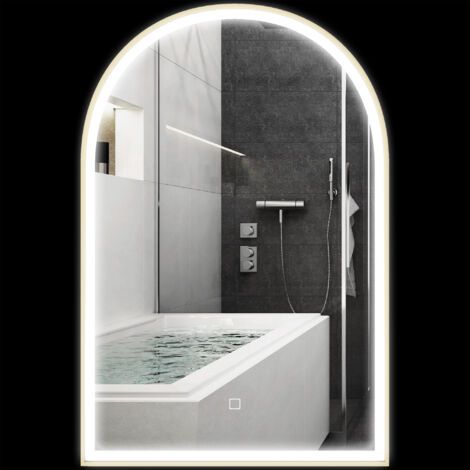 royaluxe -Miroir de salle de bain LED 90 x 60cm, mural, 3 couleurs, arqué cadre en aluminium, désembuage et interrupteur tactile (1/5)