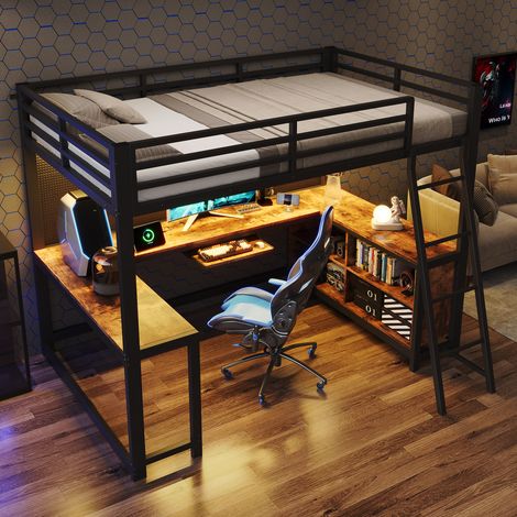 Lit mezzanine 120x200 cm métal MDF noir-vintage, bureau LED, gain de place, sans matelas – MEUBLIV (1/5)