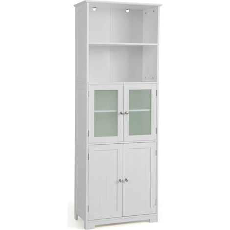 Meuble de salle de bains blanc à 6 niveaux avec étagères réglables et portes en verre trempé pour salle de bains et cuisine (1/5)