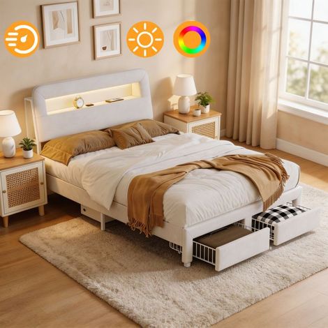 Lit 160x200 cm avec tiroirs, lit double adulte avec LED, prise USB+Type C, sommier à lattes inclus, tissu en velours, blanc cassé (1/5)