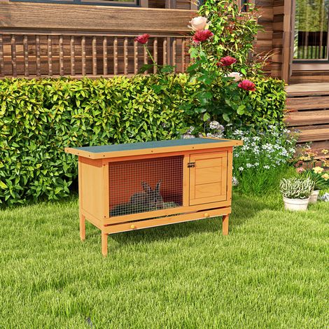 Pawhut Clapier sur pied cage à lapin avec toit ouvrant porte verrouillable tiroir à déjection coulissant bois de sapin traité dim. 90L x 45l x 65H cm bois naturel et vert
