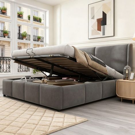 Cama con cofres 140x190 cm - Terciopelo Gris - Cabecera incluida - 250 kg - Montaje fácil