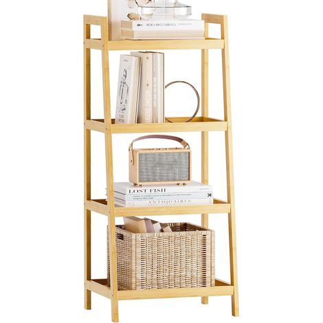 Bibliothèque échelle en Bambou, 4 Niveaux et 5 Niveaux Présentoir de Plantes autoportant Étagères économiseurs d’Espace pour Chambre, Cuisine, Balcon (Naturel, 4 Niveaux (99cm H)) (1/5)