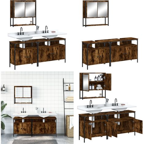 3-tlg. Badmöbel-Set Räuchereiche Holzwerkstoff - Spiegelschrank - Waschbeckenunterstuhl (1/5)