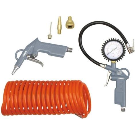 ABAC 6 Pièces Kit d'Accessoires Pour Compresseur G-813, Comprenant un Gonfleur de Pneus avec Manomètre, une Soufflette, un Tuyau en Spirale de 5 m, 3 Embouts de Gonflage, Pression Max. 8 Bar (1/5)