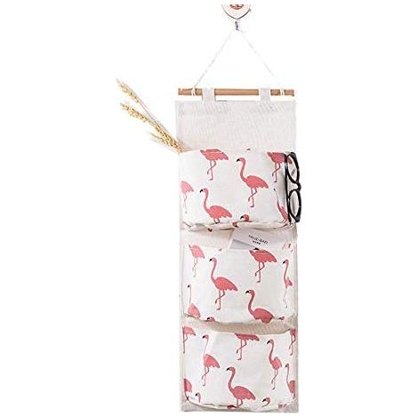 Grand sac de rangement suspendu pour armoire, en lin et coton, avec 3 poches de salle de bain (petit flamant rose) (1/3)