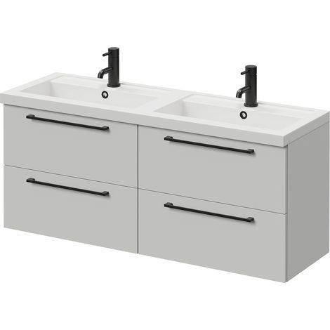 Napoli 390 Gloss Grey Pearl 1200mm Wall Mounted 4 Drawer Vanity Unit with Double Lucia Basins - 1200mm - Matt Black 320mm Handle