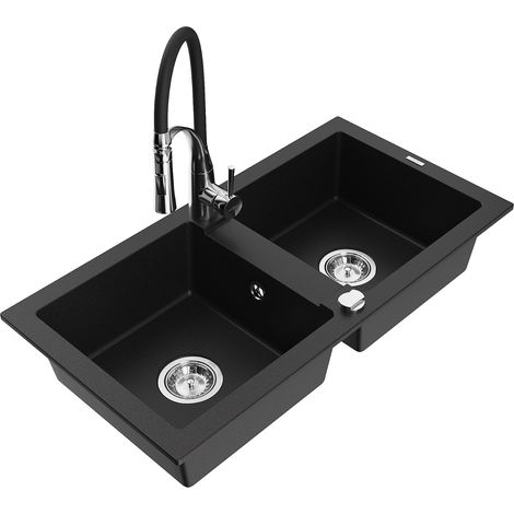 Mexen Mario 2-Kammer Granitspüle mit Küchenarmatur Aster, schwarz - 6504-77-73450-07 (1/5)