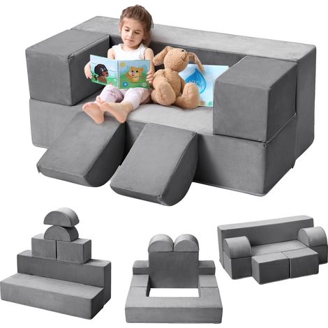Canapé de jeu modulaire pour enfants, mousse douce, design facile à nettoyer, Gris (1/2)