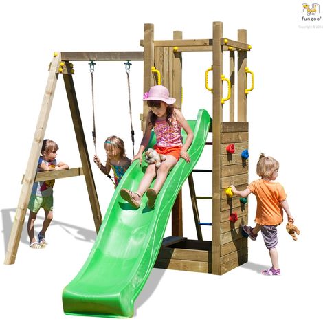 Aire de jeux avec bac à sable et balançoire 1 siège – Toboggan vert 2,2m – Bois en pin autoclave classe 3 – Surface 5,8m² pour 5 utilisateurs – Fungoo
