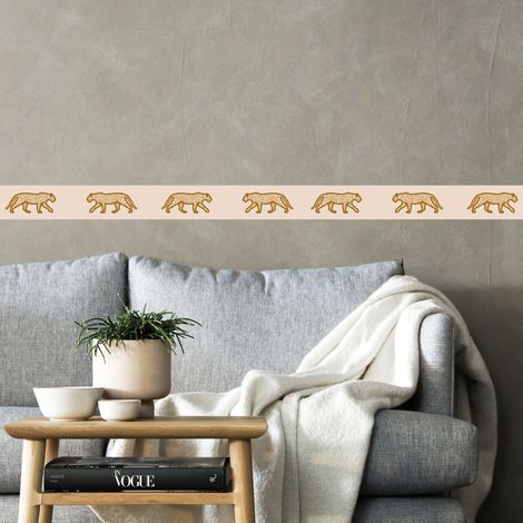 Frise décorative adhésive, léopards jaune sable sur fond beige, animaux, 9 cm X 300 cm (1/5)