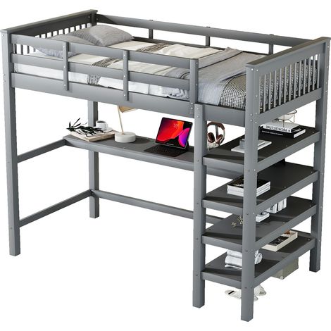 Cama alta infantil 90x200 cm con escritorio integrado y estantes de almacenaje, en gris, de pino y MDF, sin colchón, certificada EN747 para niños de 6 años  CHICFURN (1/5)