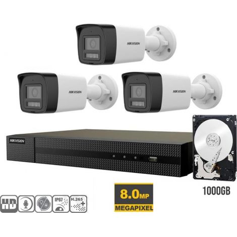KIT VIDEOSORVEGLIANZA IP POE 4K HIKVISION NVR 8 CANALI POE 3 TELECAMERE BULLET 8 MPX HDD 1TB