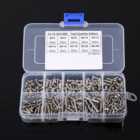 340-teiliges Set aus M3-Edelstahlschrauben und -muttern mit zylindrischem Kopf (1/5)
